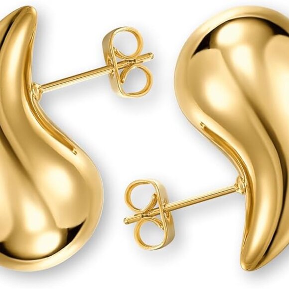 Gold‎ Teardrop Hoop Earrings for Women 22mm, 32mm, Chunky Dangle, Hypoallergenic - Picture 2 of 6